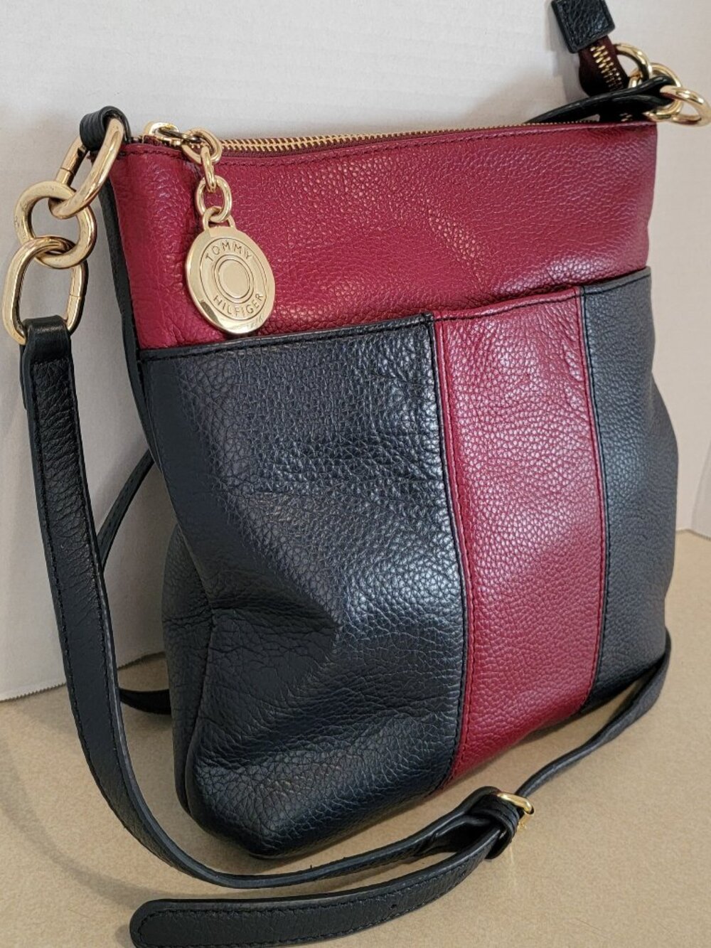 Retired Tommy Hilfiger Color Block Navy/ Red Leather Messenger Bag